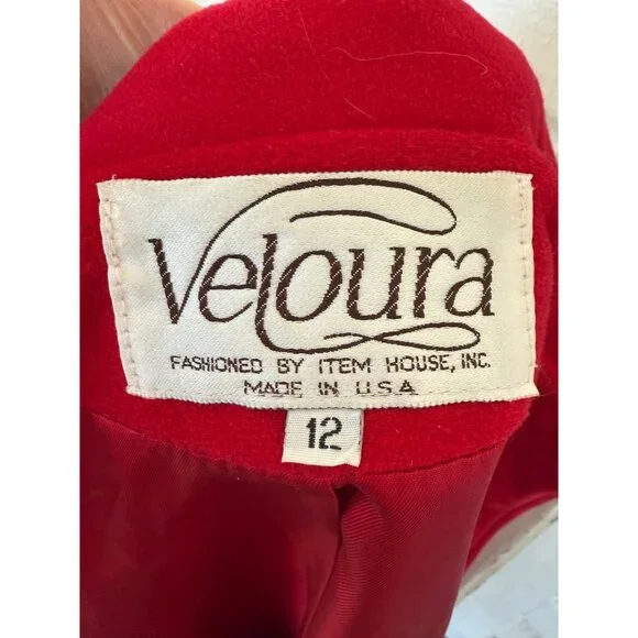 Vintage 80's Veloura Fleece Red Womens Jackect Coat With Scarf Sz 12 - Picture 4 of 14